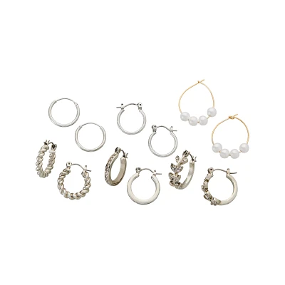 Multi-Pack CZ Silvertone Assorted Hoop Earrings - 6 Pair