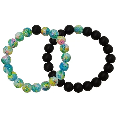 Green Splatter and Black Long Distance Beaded Bracelets - 2 Pack