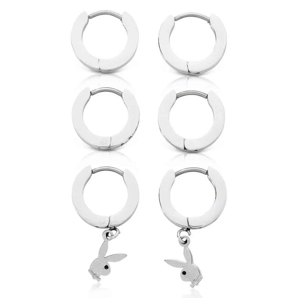 Multi-Pack CZ Playboy Bunny Hoop Huggie Dangle Earrings - 3 Pack