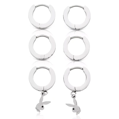 Multi-Pack CZ Playboy Bunny Hoop Huggie Dangle Earrings - 3 Pack