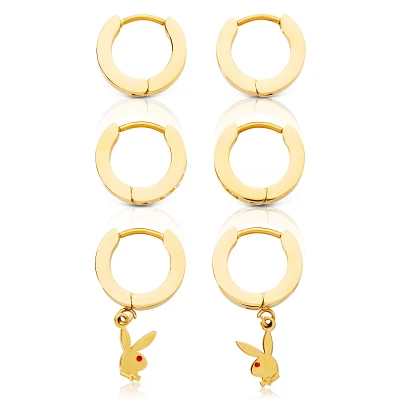 Goldtone CZ Playboy Bunny Hoop Huggie Dangle Earrings - 3 Pack