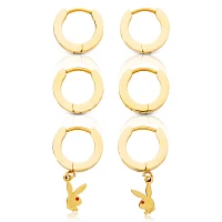 Goldtone CZ Playboy Bunny Hoop Huggie Dangle Earrings - 3 Pack
