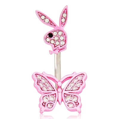 Pink Playboy Bunny Butterfly Belly Ring - 14 Gauge