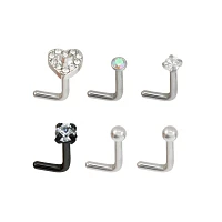 Multi-Pack Prong CZ Heart L-Bend Nose Rings 6 Pack - 20 Gauge