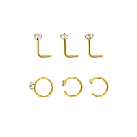 Multi-Pack CZ Goldtone L-Bend Nose Rings and Half Hoop 6 Pack - 20 Gauge