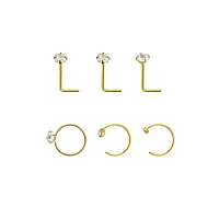 Multi-Pack CZ Goldtone L-Bend Nose Rings and Half Hoop 6 Pack - 20 Gauge