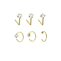 Multi-Pack CZ Goldtone L-Bend Nose Rings and Half Hoop 6 Pack - 20 Gauge