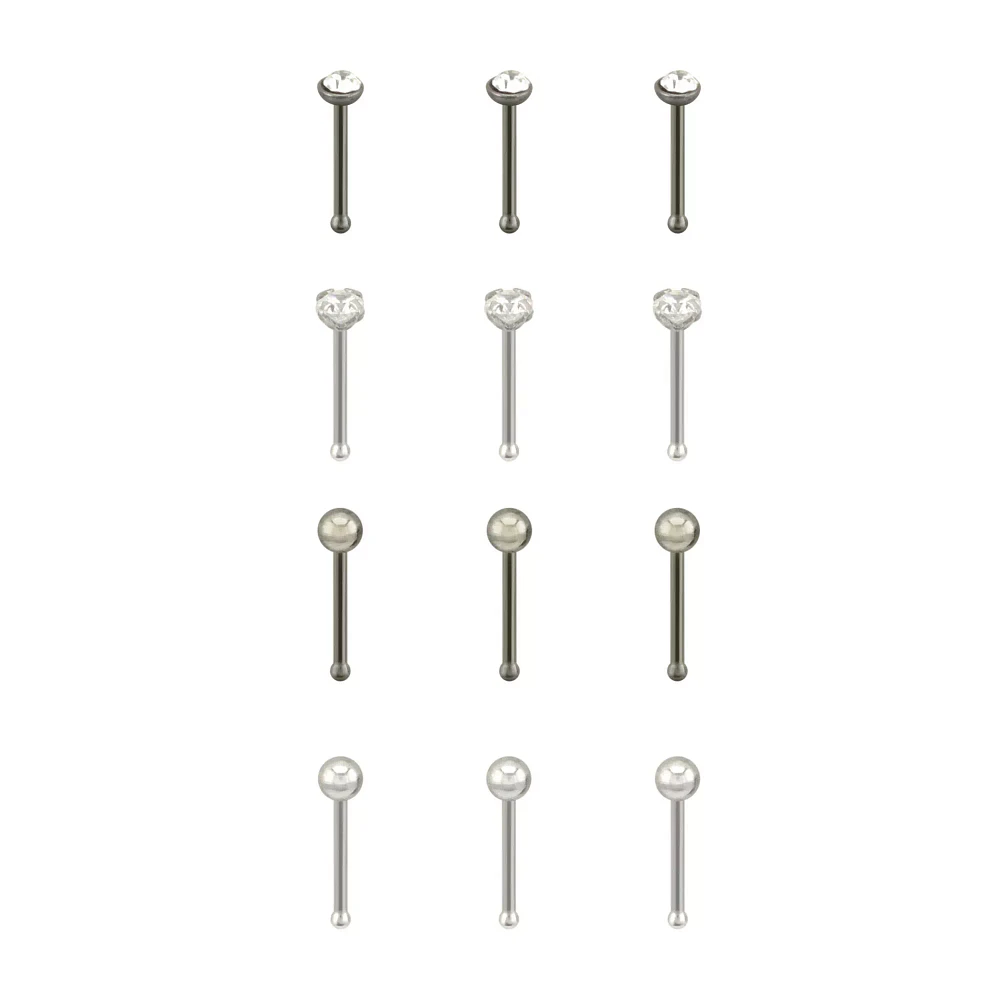 Multi-Pack Silvertone and Black CZ Pronged Nose Pins 12 Pack - 20 Gauge