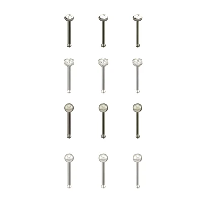 Multi-Pack Silvertone and Black CZ Pronged Nose Pins 12 Pack - 20 Gauge