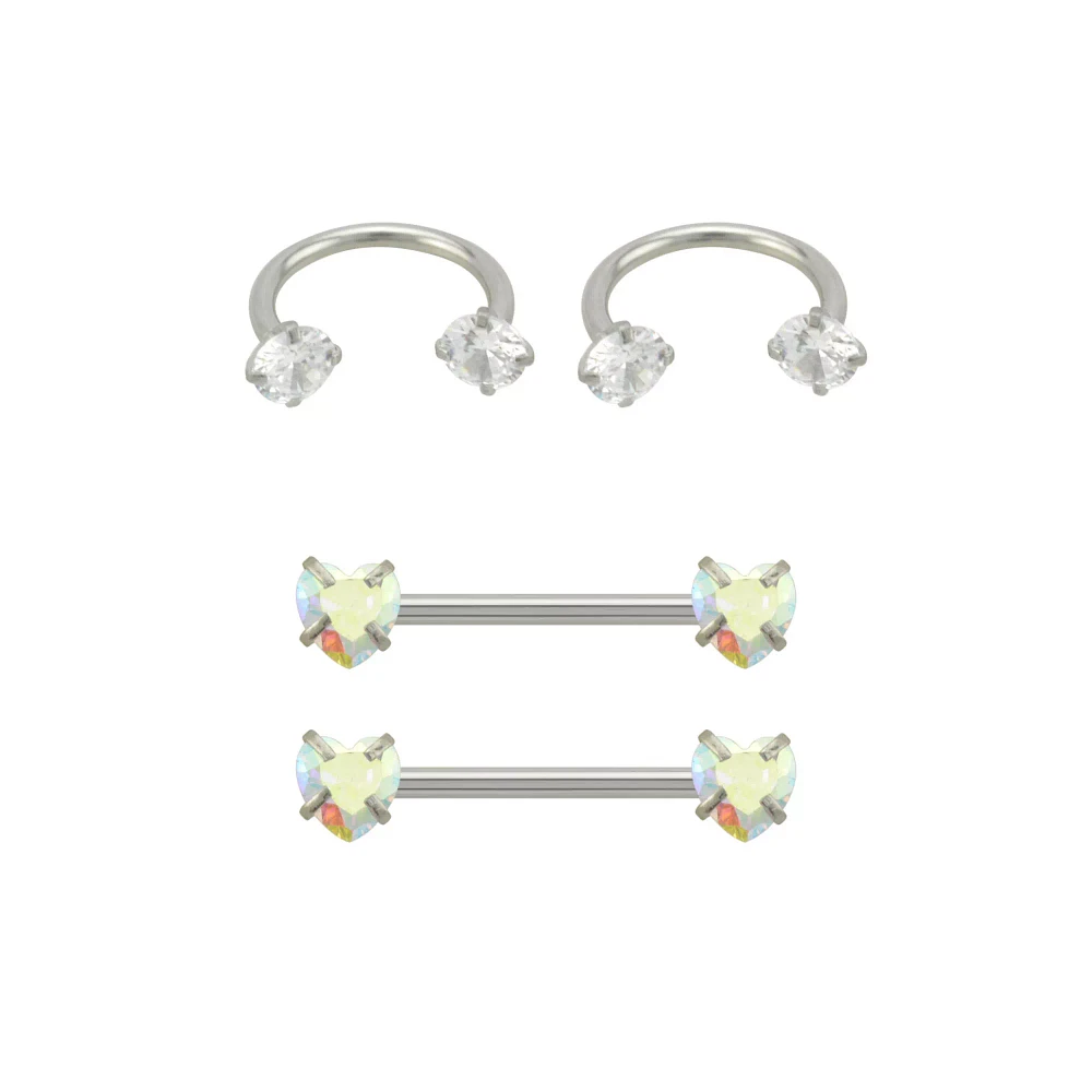 Multi-Pack Aurora Borealis Effect Heart Horseshoe Rings and Barbells 2 Pair - 14 Gauge