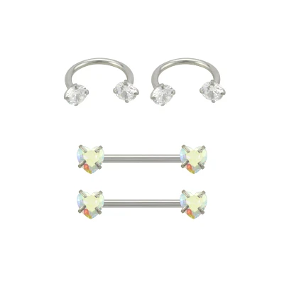 Multi-Pack Aurora Borealis Effect Heart Horseshoe Rings and Barbells 2 Pair - 14 Gauge