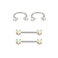 Multi-Pack Aurora Borealis Effect Heart Horseshoe Rings and Barbells 2 Pair - 14 Gauge