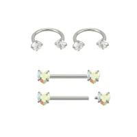 Multi-Pack Aurora Borealis Effect Heart Horseshoe Rings and Barbells 2 Pair - 14 Gauge