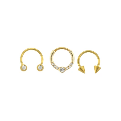 Multi-Pack CZ Goldtone Horseshoe Rings and Clicker Septum Ring 3 Pack - 16 Gauge
