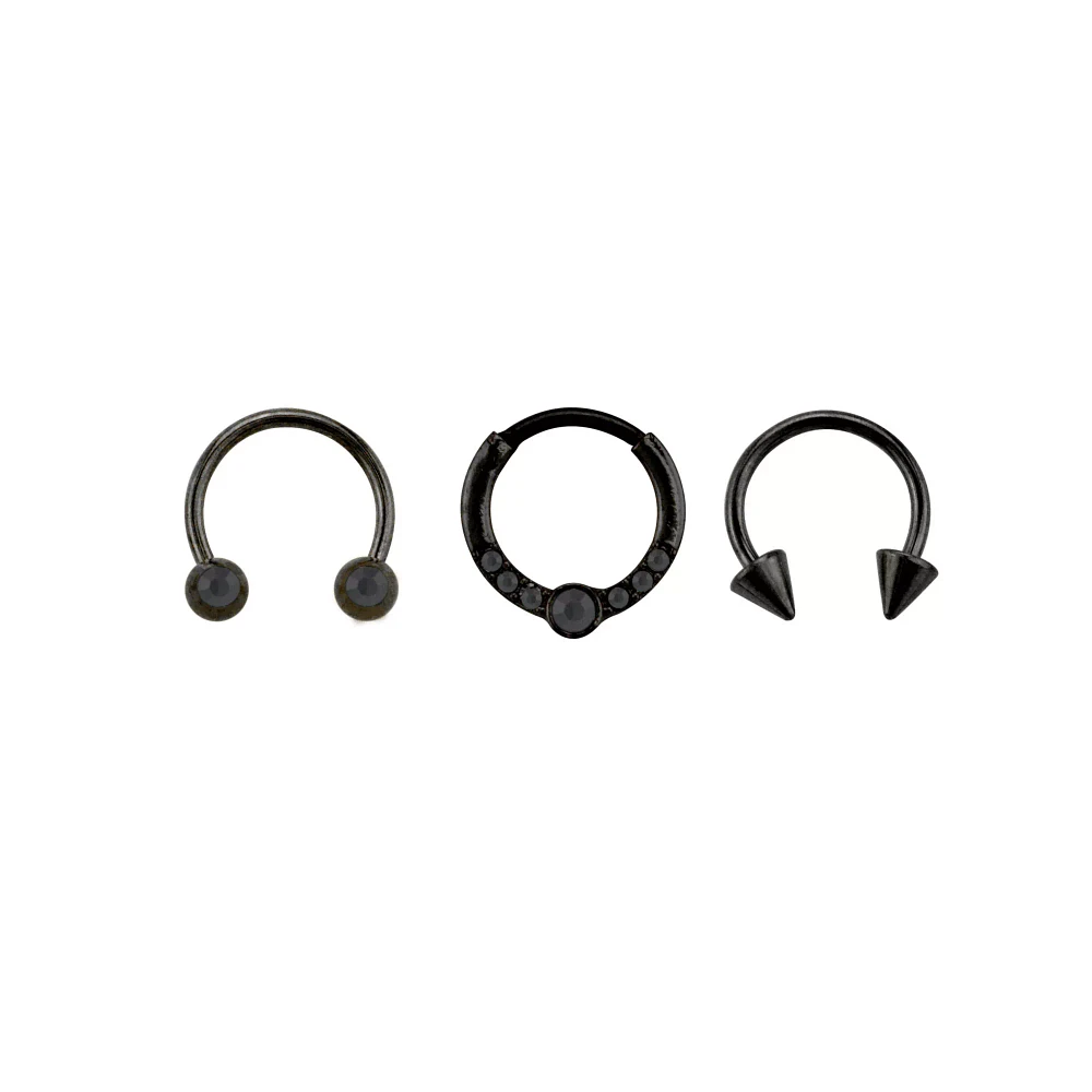 Multi-Pack CZ Black Horseshoe Rings and Clicker Septum Ring 3 Pack - 16 Gauge