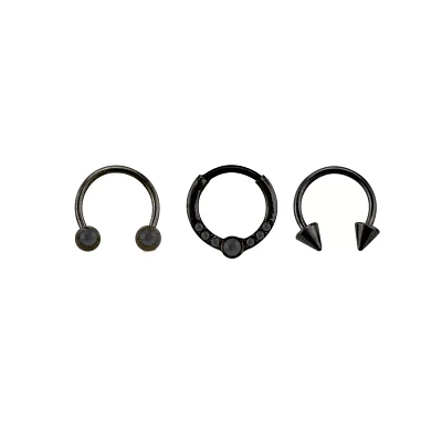 Multi-Pack CZ Black Horseshoe Rings and Clicker Septum Ring 3 Pack - 16 Gauge