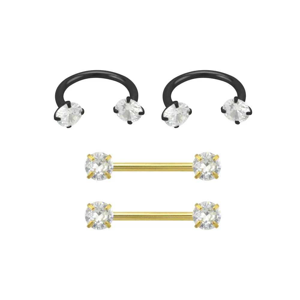 Multi-Pack Goldtone and Black Horseshoe Rings and Nipple Barbells 4 Pack - 14 Gauge