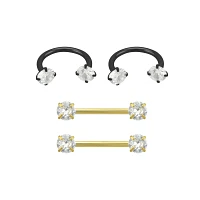 Multi-Pack Goldtone and Black Horseshoe Rings and Nipple Barbells 4 Pack - 14 Gauge