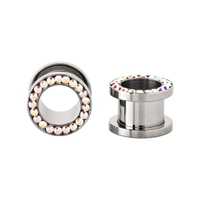 Silvertone CZ Aurora Borealis Effect Titanium Screw Fit Tunnels