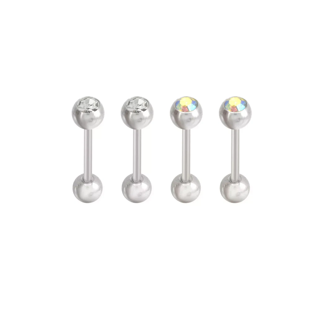 Multi-Pack CZ and Aurora Borealis Silvertone Barbells 4 Pack - 14 Gauge