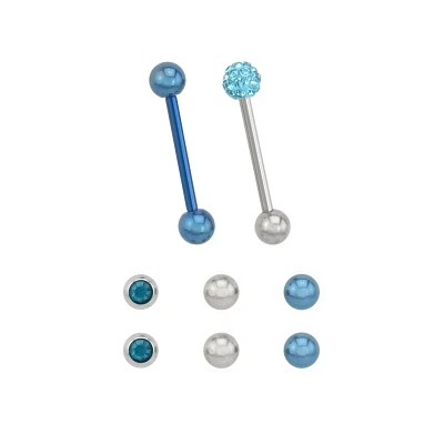 Multi-Pack CZ Blue Pave Silvertone Barbells 2 Pack with Extra Barbells - 14 Gauge