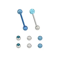 Multi-Pack CZ Blue Pave Silvertone Barbells 2 Pack with Extra Barbells - 14 Gauge