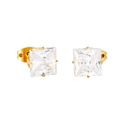 Square CZ Goldtone Titanium Stud Earrings