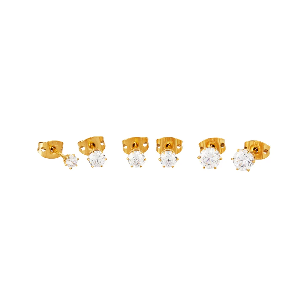 Multi-Pack Prong CZ Goldtone Titanium Stud Earrings - 3 Pair