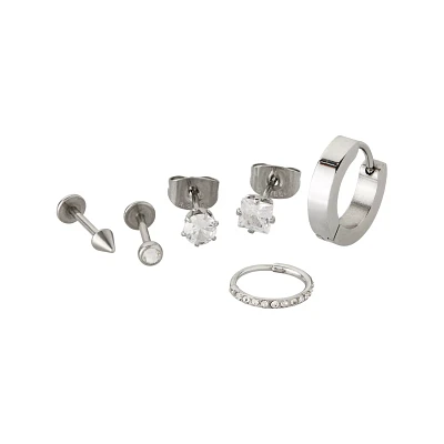 Multi-Pack Silvertone CZ Assorted Hoop and Stud Earrings 6 Pack - 20 Gauge