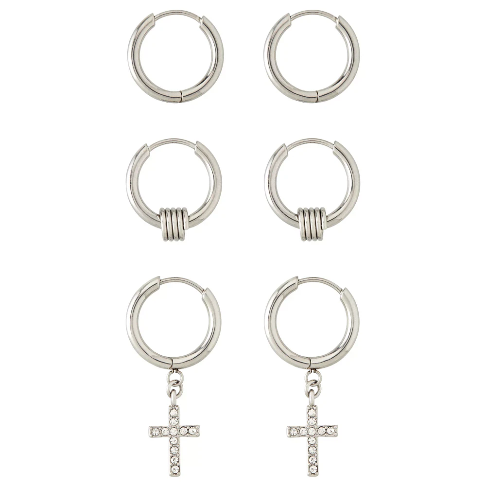 Multi-Pack CZ Silvertone Hoop and Cross Dangle Earrings 3 Pack - 20 Gauge