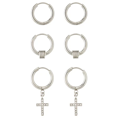 Multi-Pack CZ Silvertone Hoop and Cross Dangle Earrings 3 Pack - 20 Gauge