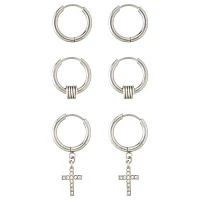 Multi-Pack CZ Silvertone Hoop and Cross Dangle Earrings 3 Pack - 20 Gauge