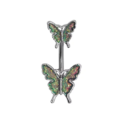 Double Glitter Butterfly Belly Ring - 14 Gauge