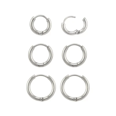 Multi-Pack Silvertone Huggie Hoop Earrings Graduated Sizes - 3 Pair