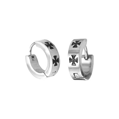 Silvertone Black Cross Huggie Hoop Earrings