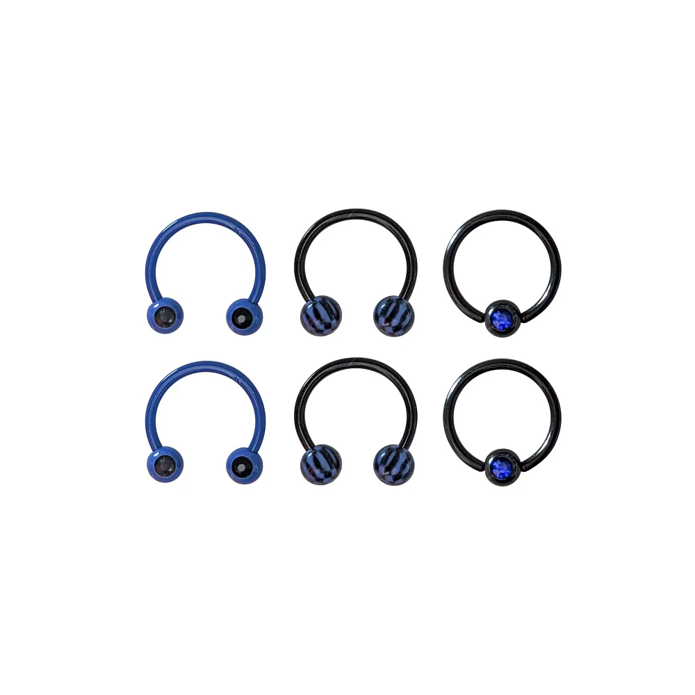 Multi-Pack Blue and Black Beaded Horseshoe Rings and Captive Rings 6 Pack - 16 Gauge