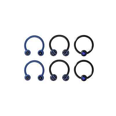Multi-Pack Blue and Black Beaded Horseshoe Rings and Captive Rings 6 Pack - 16 Gauge