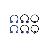 Multi-Pack Blue and Black Beaded Horseshoe Rings and Captive Rings 6 Pack - 16 Gauge
