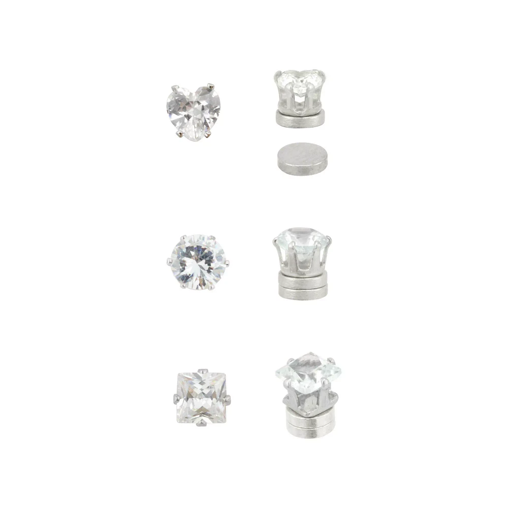 Silvertone CZ Assorted Shapes Magnetic Earrings - 3 Pack