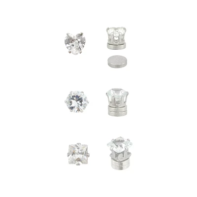 Silvertone CZ Assorted Shapes Magnetic Earrings - 3 Pack