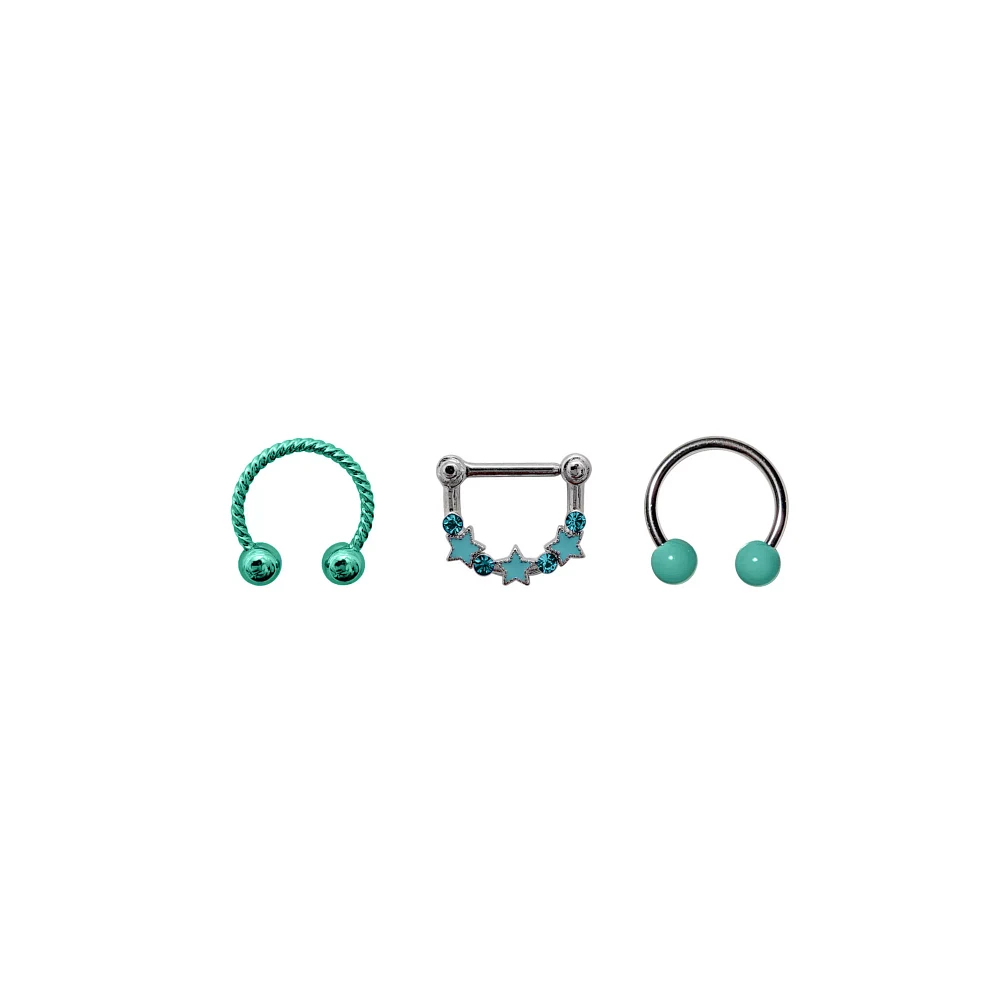 Multi-Pack Teal Star Horseshoe Nose Rings and Clicker Septum Ring 3 Pack - 16 Gauge