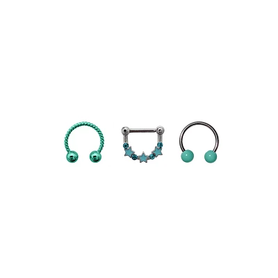 Multi-Pack Teal Star Horseshoe Nose Rings and Clicker Septum Ring 3 Pack - 16 Gauge