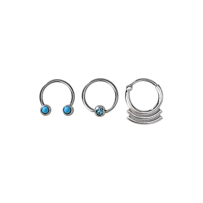 Multi-Pack Silvertone Captive Horseshoe and Septum Rings 3 Pack - 16 Gauge