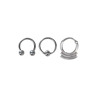 Multi-Pack Silvertone Captive Horseshoe and Septum Rings 3 Pack - 16 Gauge
