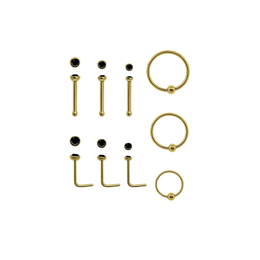 Multi-Pack Goldtone CZ L-Bend Nose Rings Pin Nose Rings and Captive Nose Rings 9 Pack - 20 Gauge