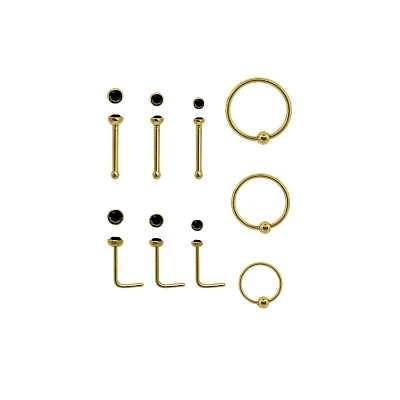Multi-Pack Goldtone CZ L-Bend Nose Rings Pin Nose Rings and Captive Nose Rings 9 Pack - 20 Gauge