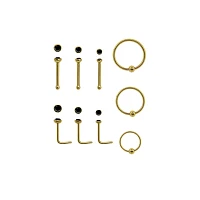 Multi-Pack Goldtone CZ L-Bend Nose Rings Pin Nose Rings and Captive Nose Rings 9 Pack - 20 Gauge