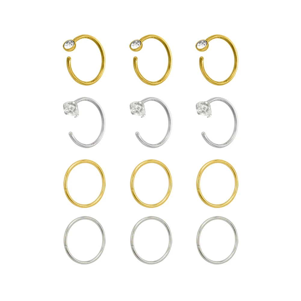 Multi-Pack CZ Seamless Hoop Nose Rings and Half Hoop Nose Rings 12 Pack - 20 Gauge
