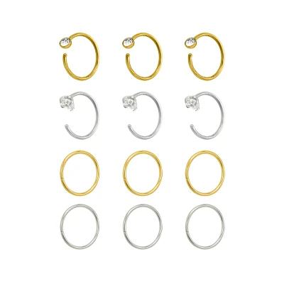 Multi-Pack CZ Seamless Hoop Nose Rings and Half Hoop Nose Rings 12 Pack - 20 Gauge