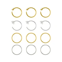Multi-Pack CZ Seamless Hoop Nose Rings and Half Hoop Nose Rings 12 Pack - 20 Gauge